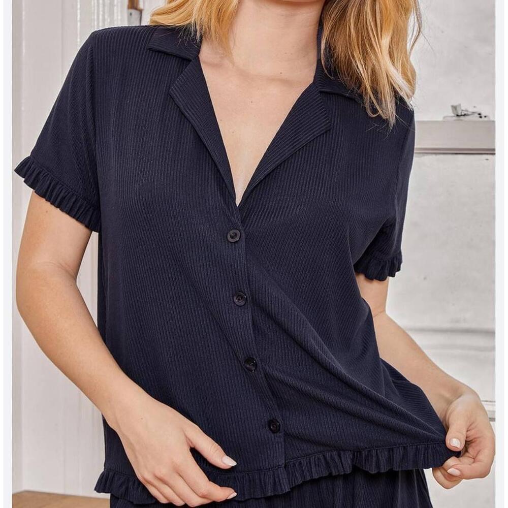 Lulus Navy Blue Ruffled Pajama Top Short Sleeve Button-Up Size Large